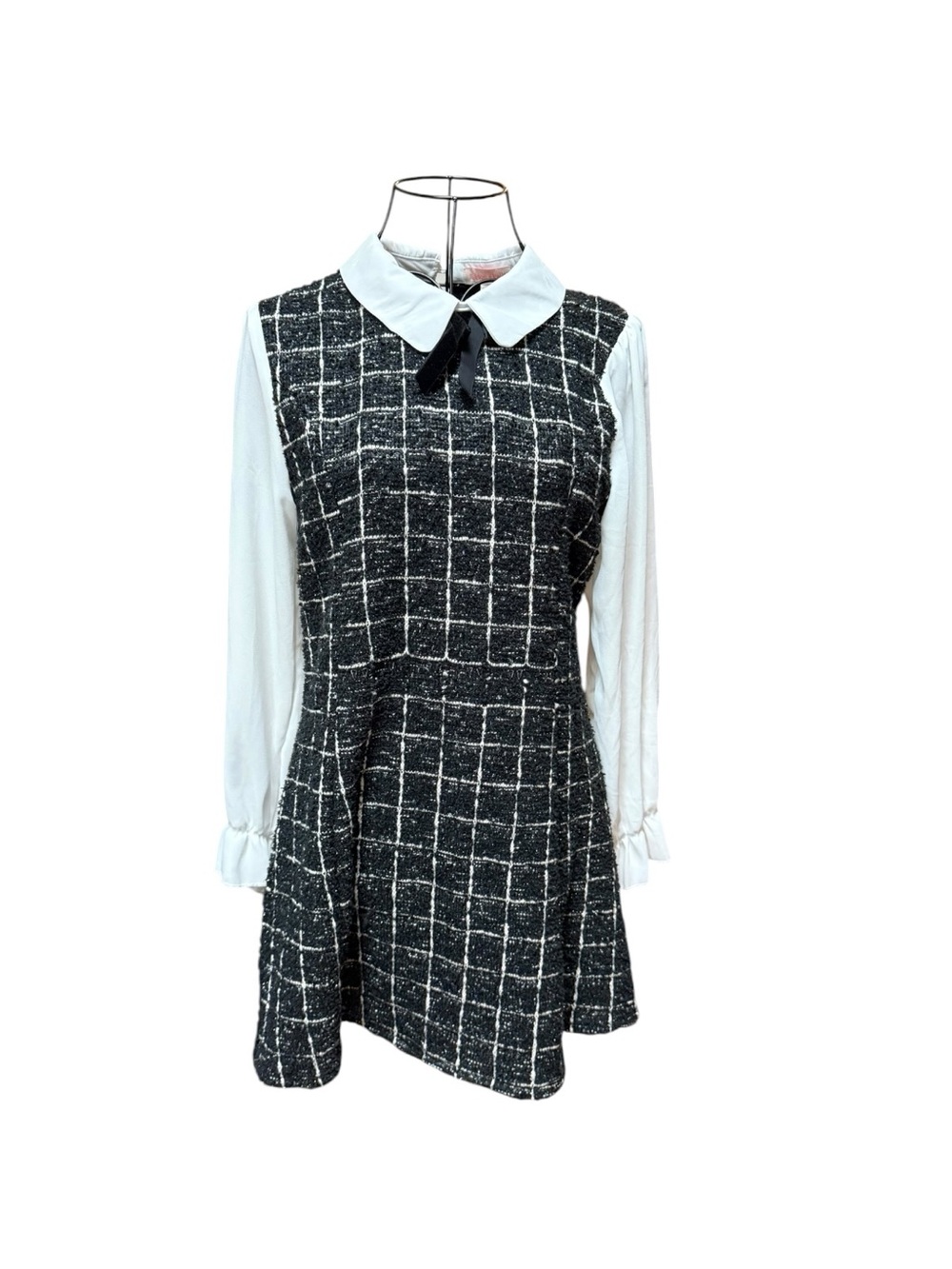 Black Windowpane Tweed Long-Sleeve Dress with White Collar size 16